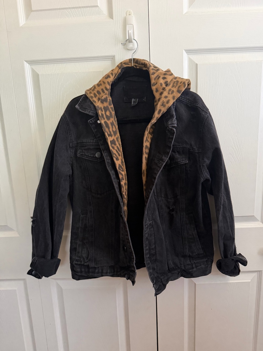 Forever 21 Black Denim Jacket with Leopard Print Lining